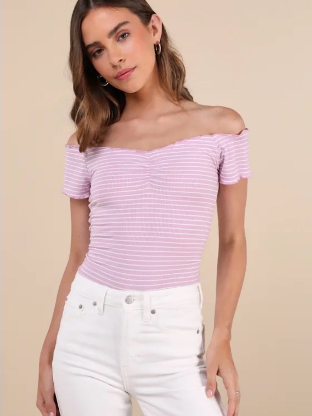 Lulu’s Easily Ideal Lilac Striped Lettuce Hem Off Shoulder Short Sleeve Top